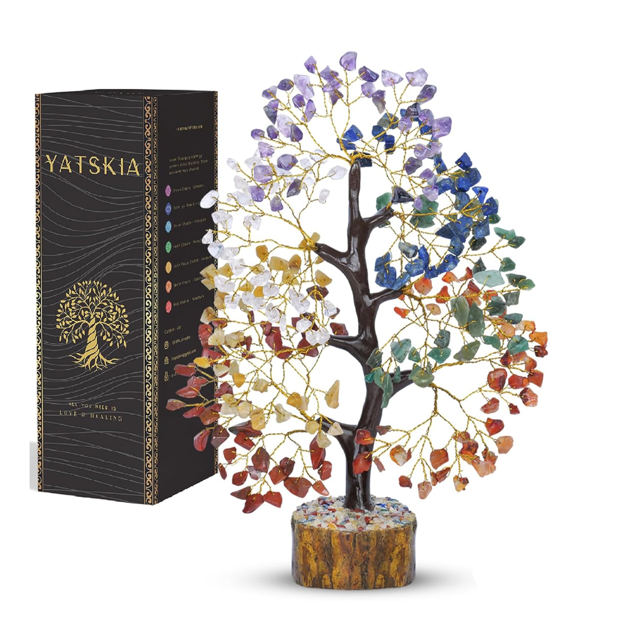 YATSKIA front view of chakra tree showing all seven gemstone colours and wooden base