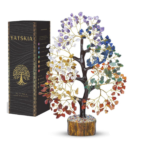 YATSKIA front view of chakra tree showing all seven gemstone colours and wooden base