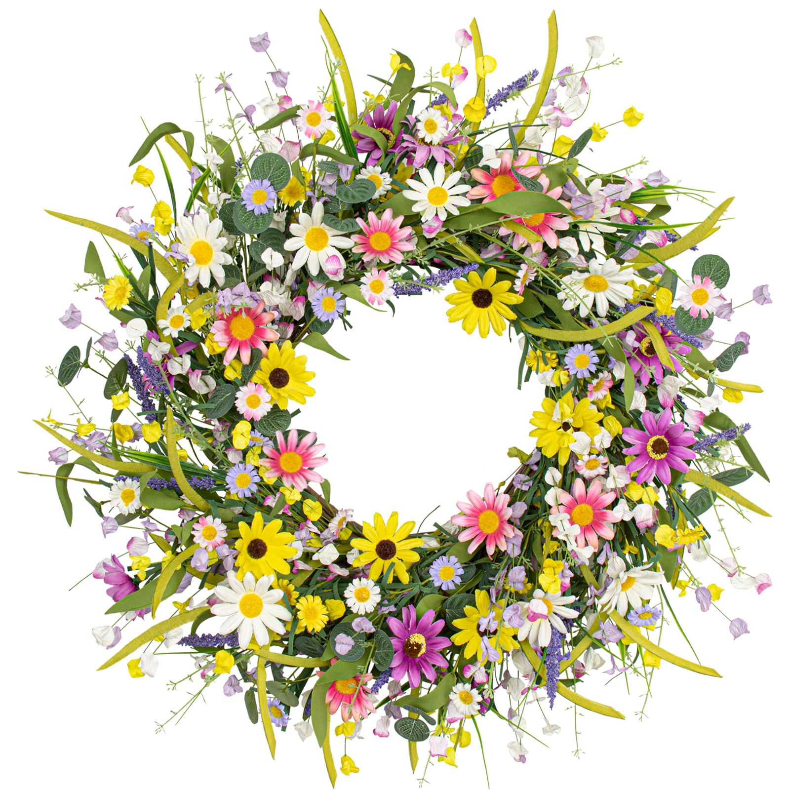Yawwind front view of 22-inch wreath showing colorful daisies and lavender, enhances curb appeal