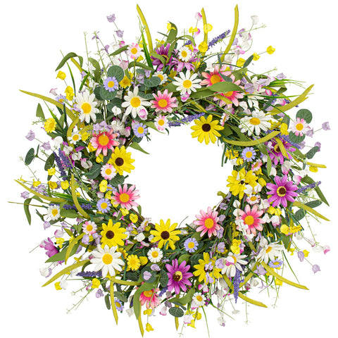 Yawwind front view 24-inch wreath showcasing colorful daisies and greenery