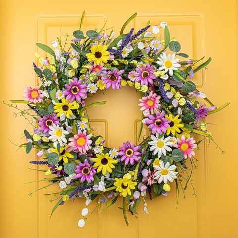 Yawwind wreath hung on porch door demonstrating instant seasonal charm and easy hanging