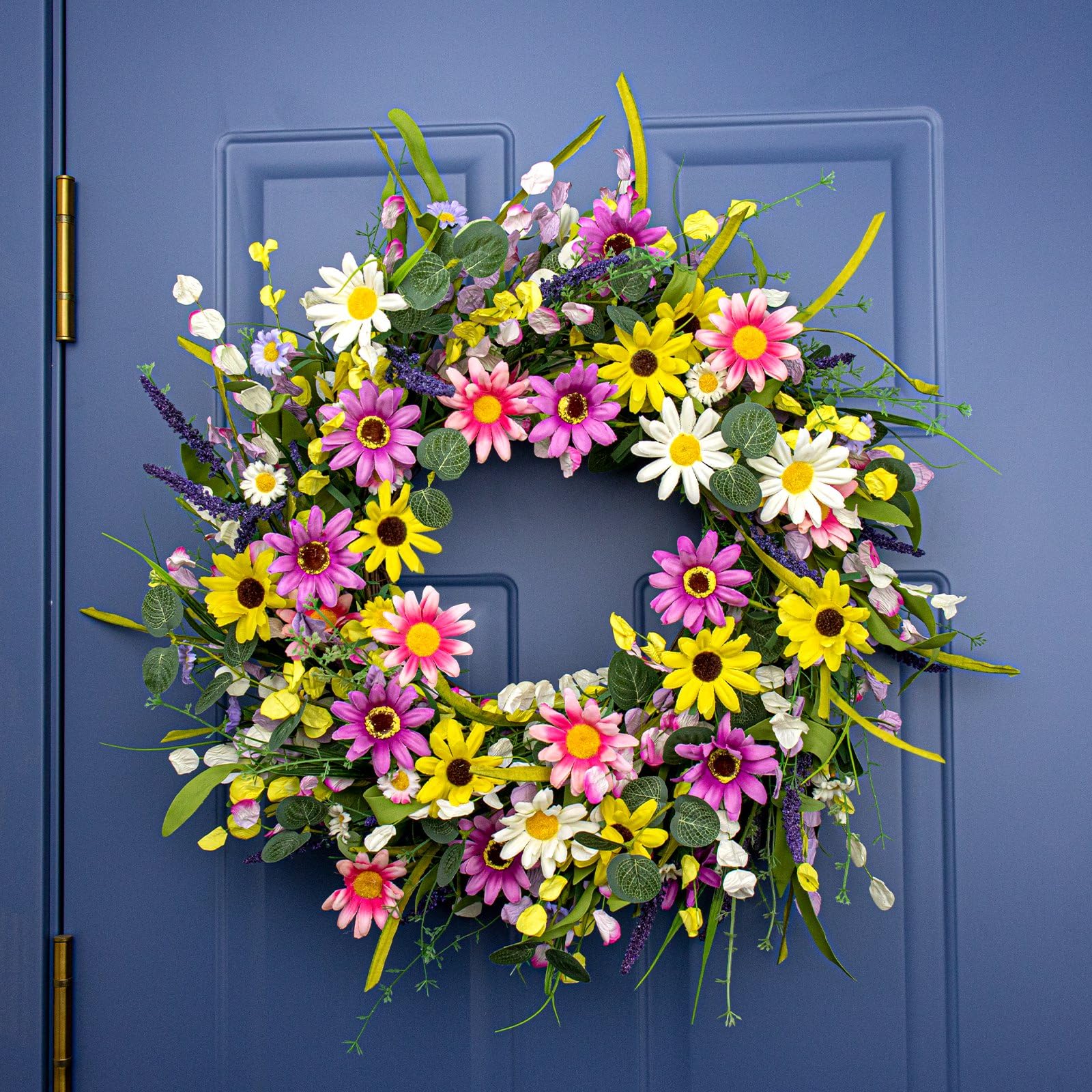 Yawwind wreath beside door handle showing scale and fit for standard entryways