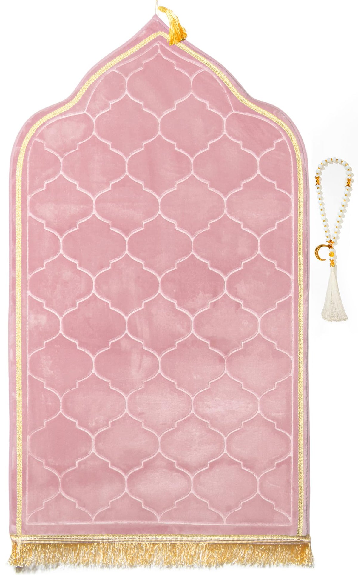 YAZEIN front view of pink prayer rug showing serene arch design and tassels for devotional decor