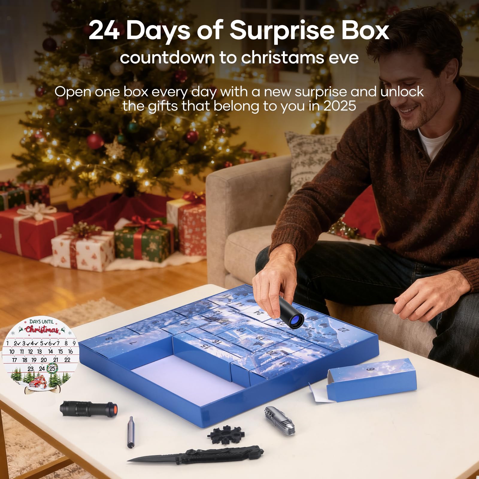 Ydiliow open calendar showing 24 numbered compartments with assorted compact tools