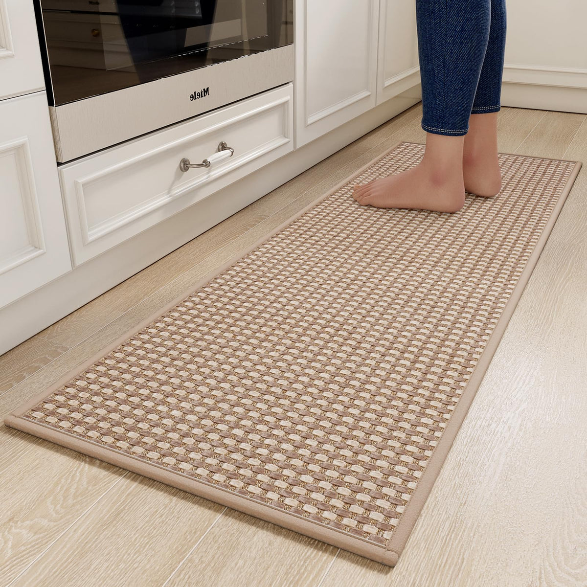 YDKGL front view brown kitchen rug shows full 17x47 coverage and style benefit