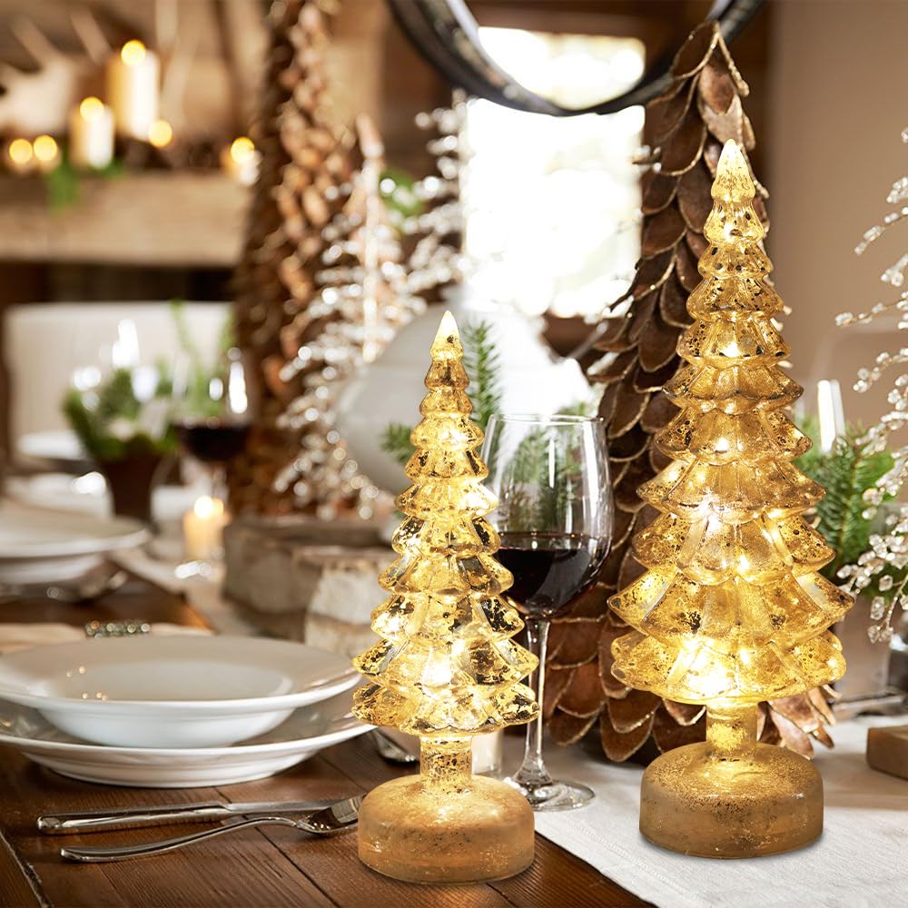 YEAHOME lit trees on mantel creating warm festive ambiance and depth