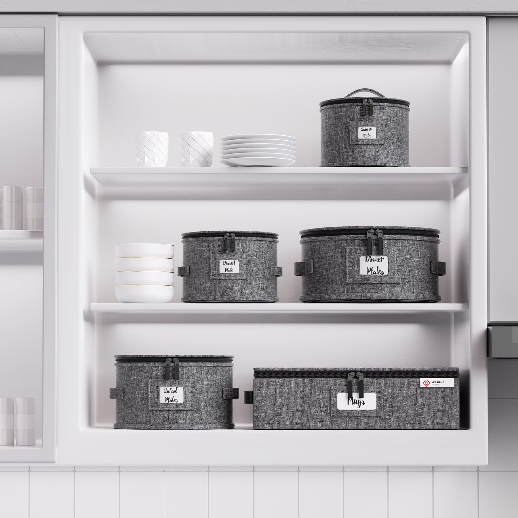 YearningHome lifestyle kitchen scene showing secure storage of plates ready for seasonal use