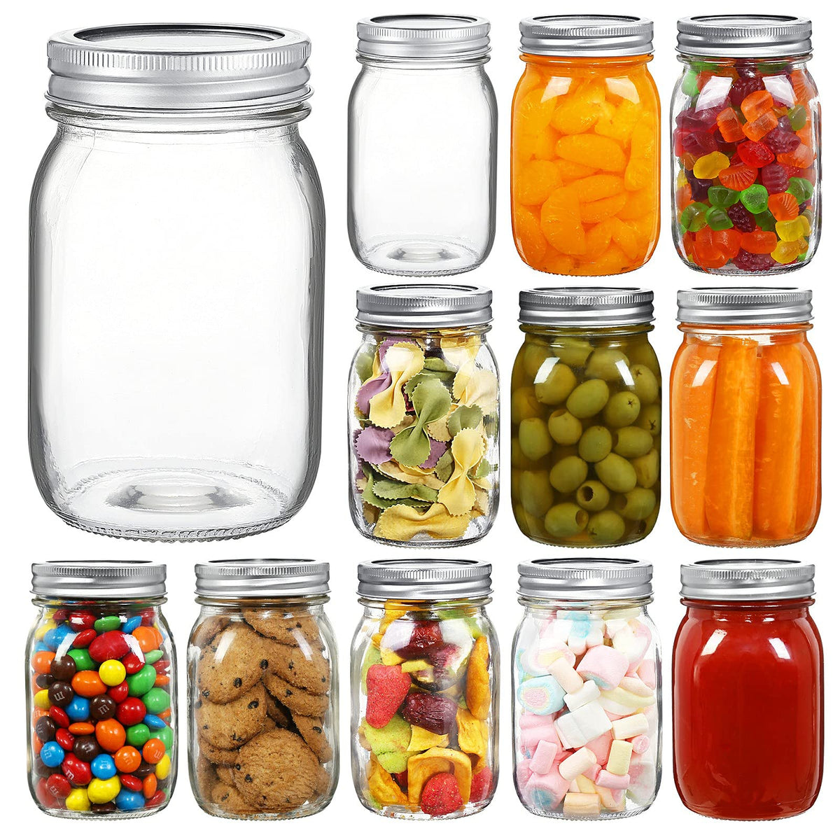 YEBODA front view of 12-pack jars showing clear glass and lids for convenient storage