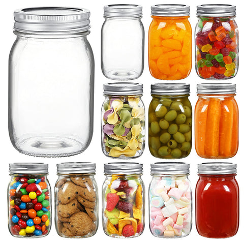 YEBODA front view of 12-pack jars showing clear glass and lids for convenient storage