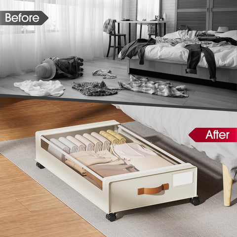 Yecaye under-bed drawer filled with shoes and clothes showing space-saving benefit