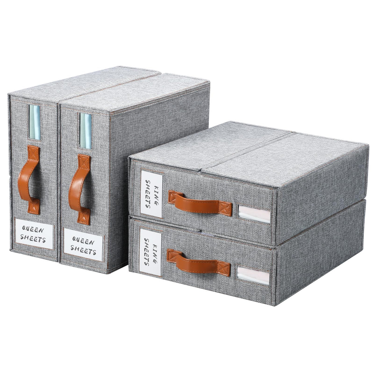 Yecaye front view showing four grey organizers for neat linen storage and quick access