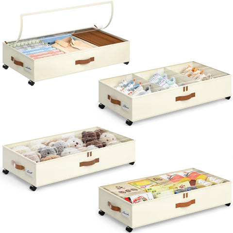 Yecaye front view of four beige rolling under bed storage bins showing tidy organization benefit