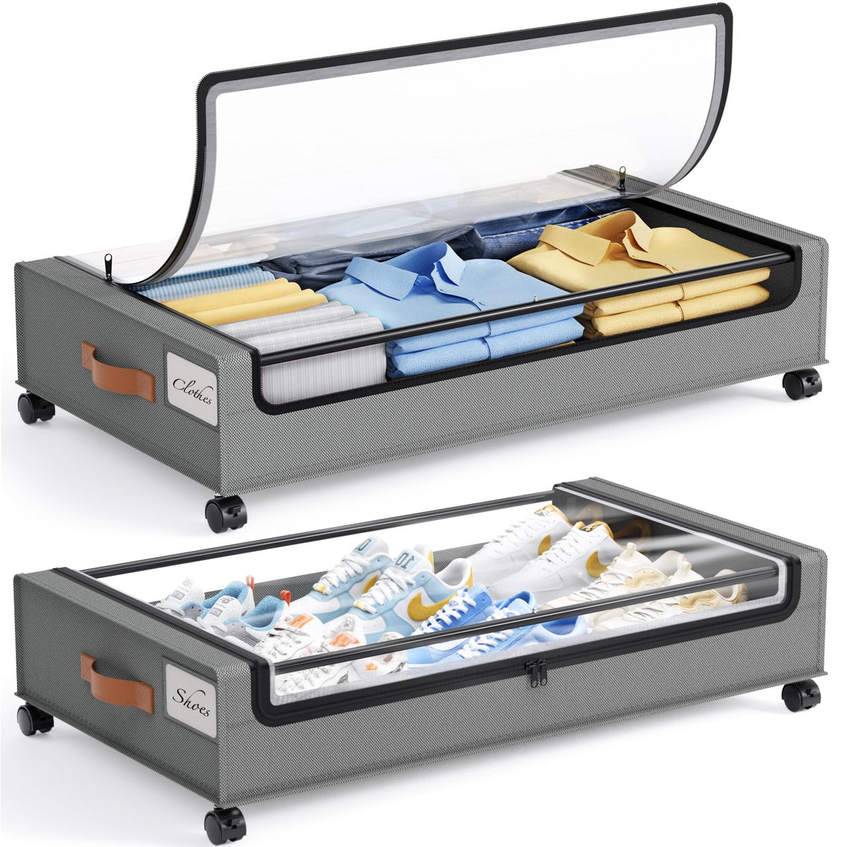 Yecaye front view of two under bed storage containers showing organization benefit