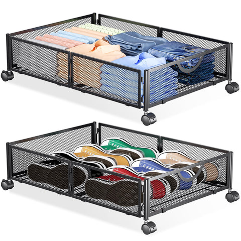 Yecaye front view of black metal under-bed storage showing sleek organization benefit