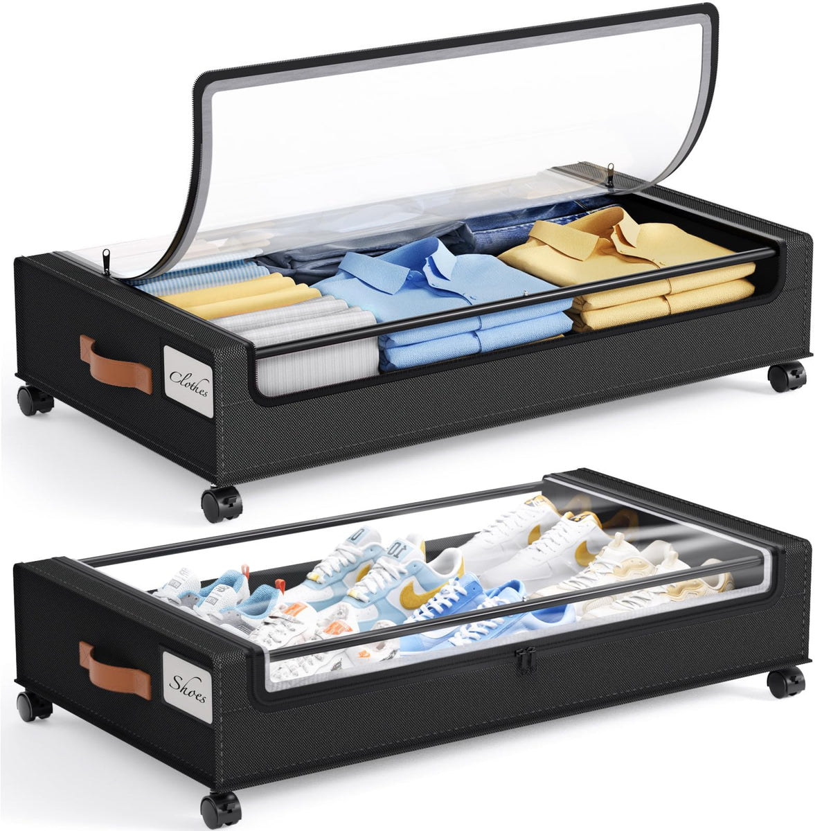 Yecaye front view under bed storage showing full drawer and tidy organization benefit