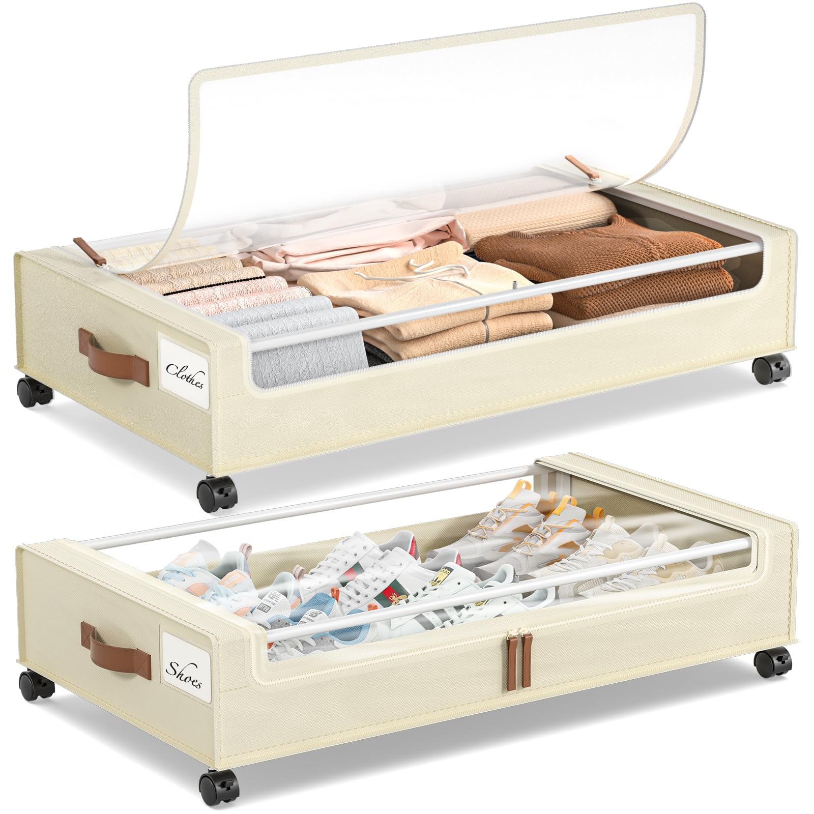 Yecaye front view of underbed storage drawer showing neat organization and easy access