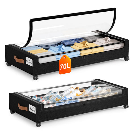 Yecaye front view showing full rolling underbed storage and tidy organization benefit