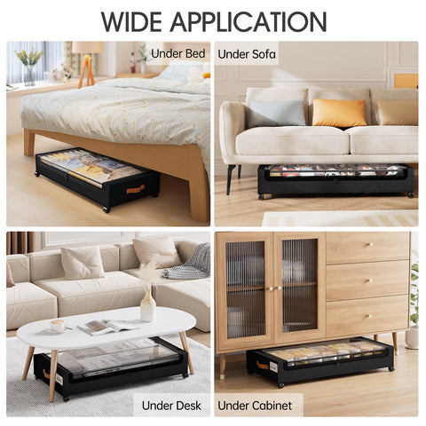 Yecaye under a bed filled with clothes demonstrating space-saving benefit