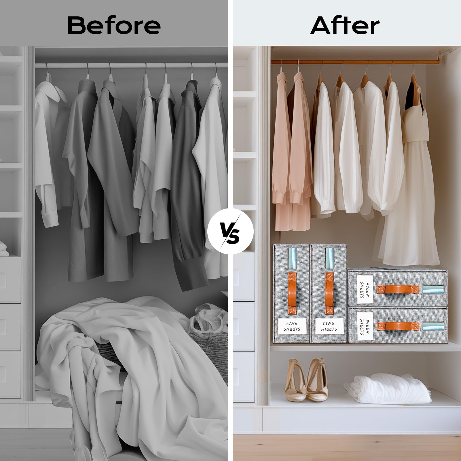 Yecaye organizer in a bedroom setting illustrating tidy, dust-free linen storage