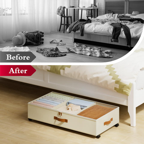 Yecaye lifestyle bedroom scene with bins in use demonstrating neat storage and accessibility benefit