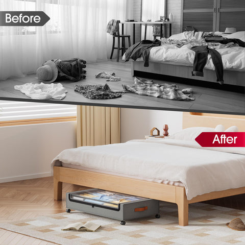 Yecaye lifestyle bedroom scene showing easy access and tidy under-bed storage