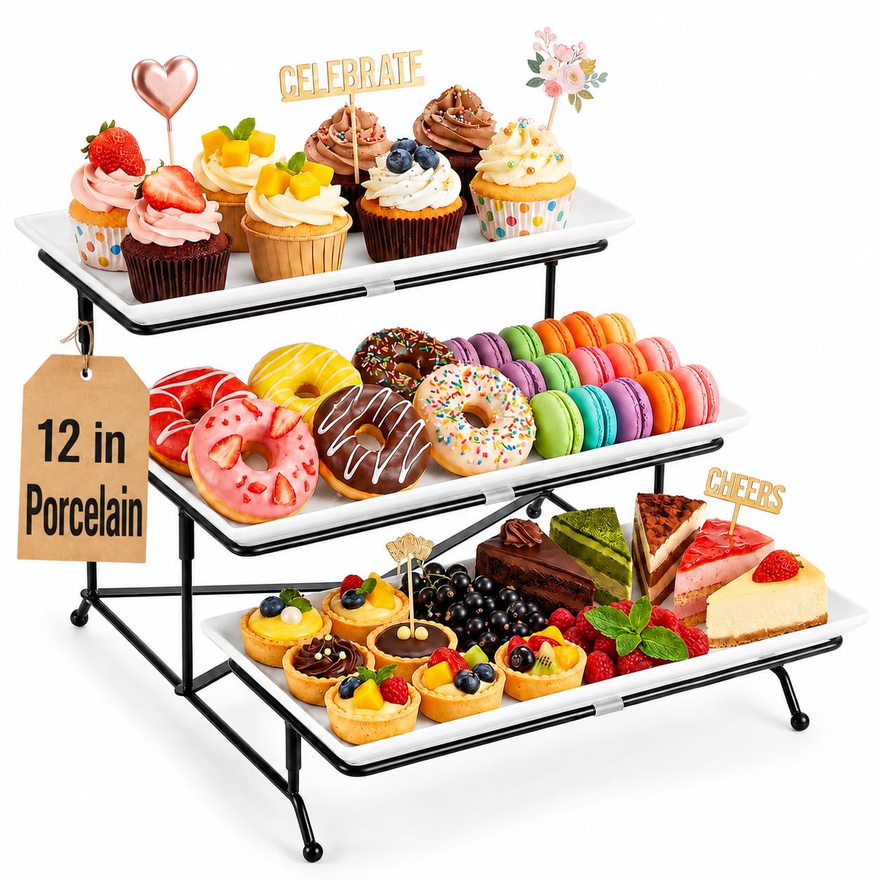 Yedio front view of three-tier stand showing neat dessert arrangement and visual appeal