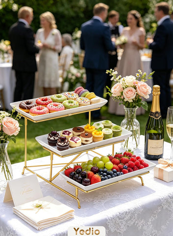 Yedio bottom tier arranged with desserts to maximize table space benefit