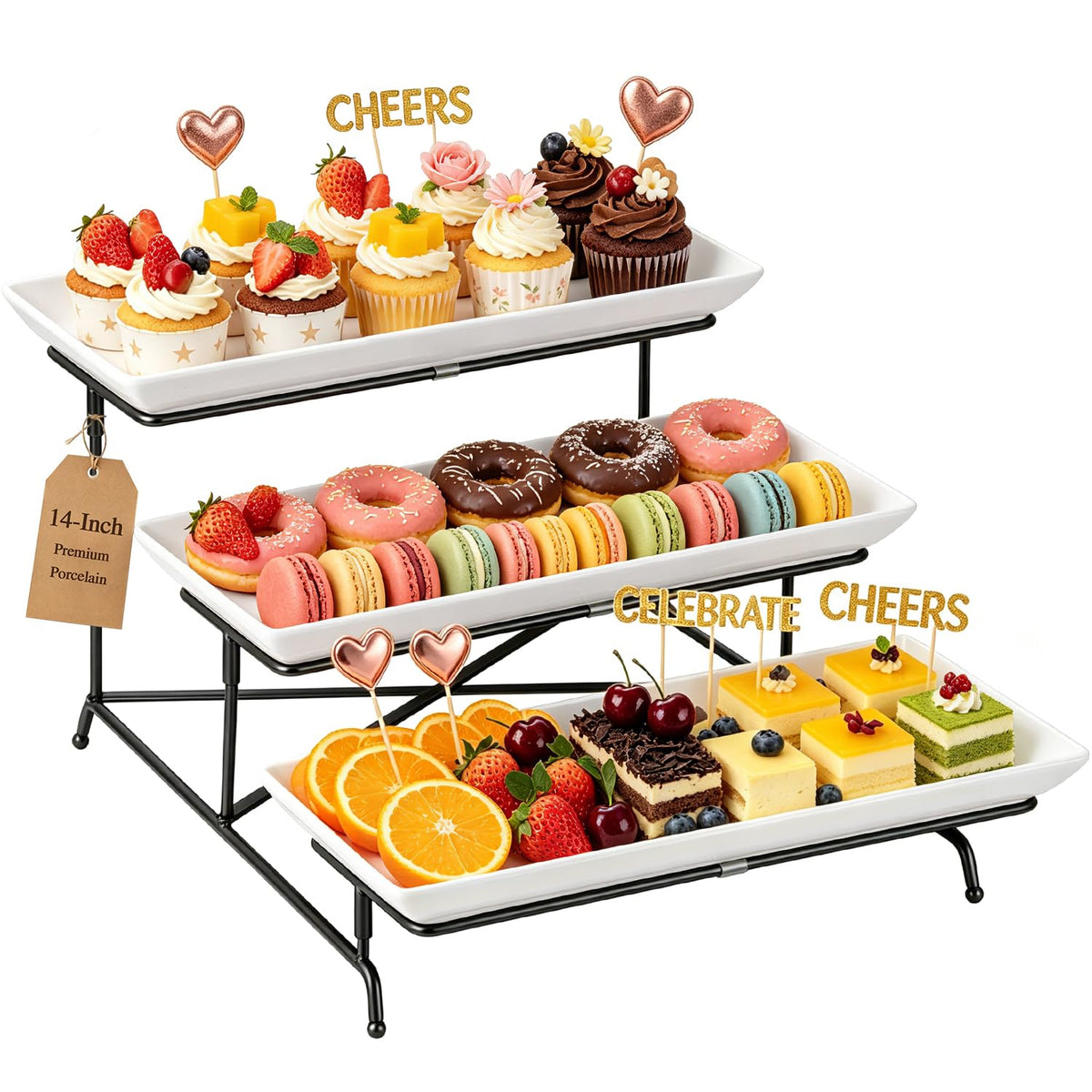 Yedio front view of assembled three tier tray showing elegant presentation benefit