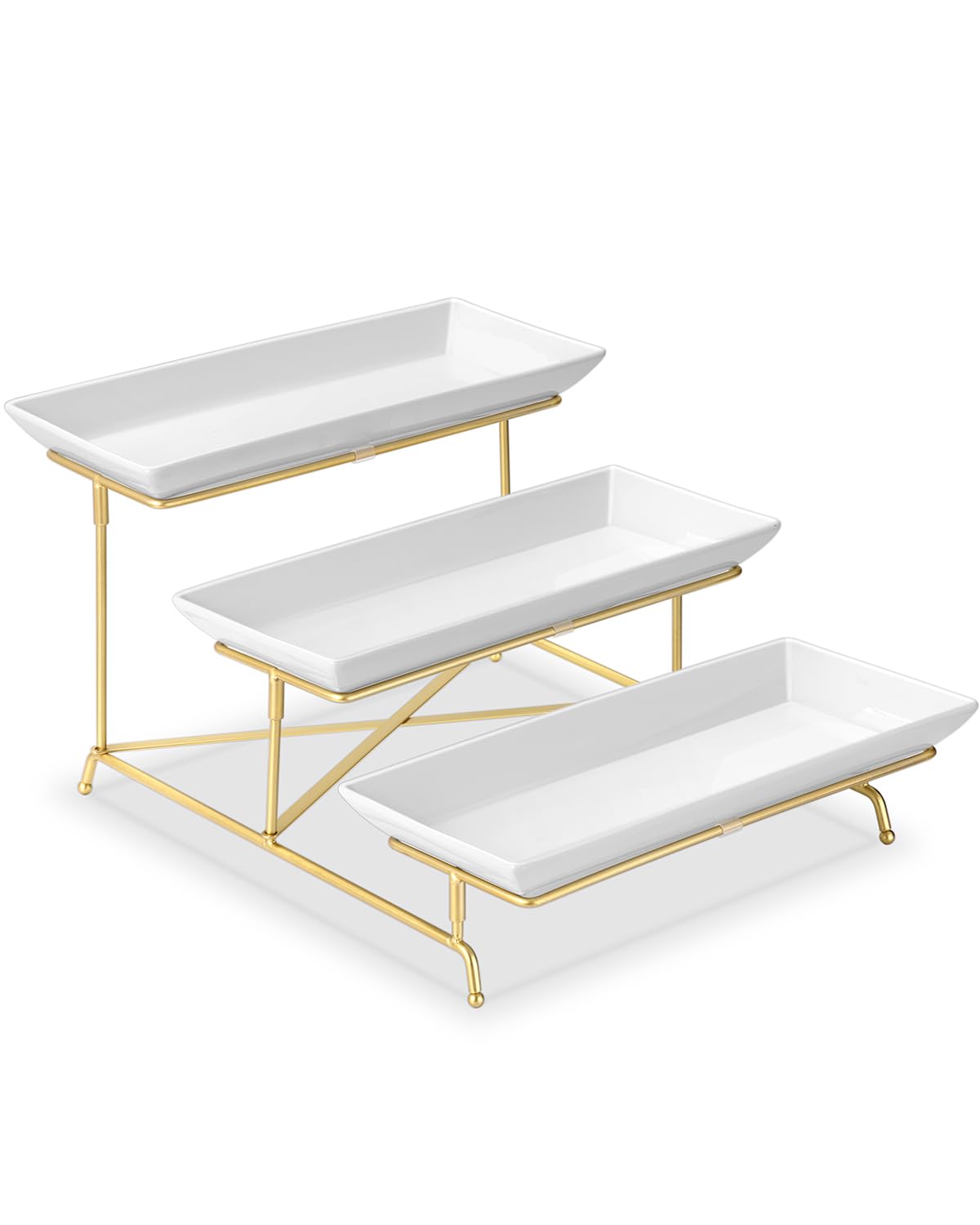 Yedio front view showing three-tier porcelain tray and elegant presentation benefit