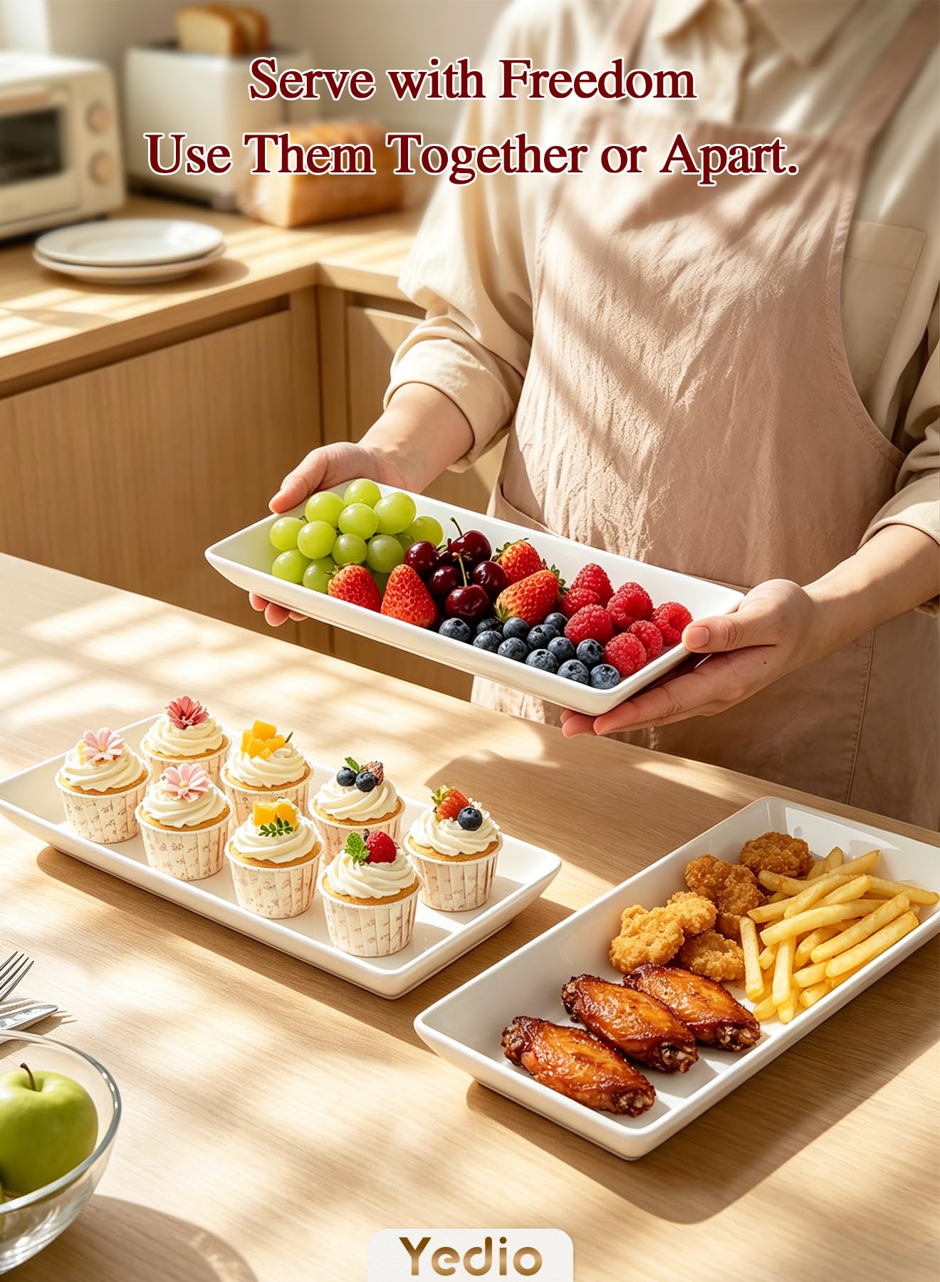 Yedio tray next to plates for size comparison showing practical scale benefit
