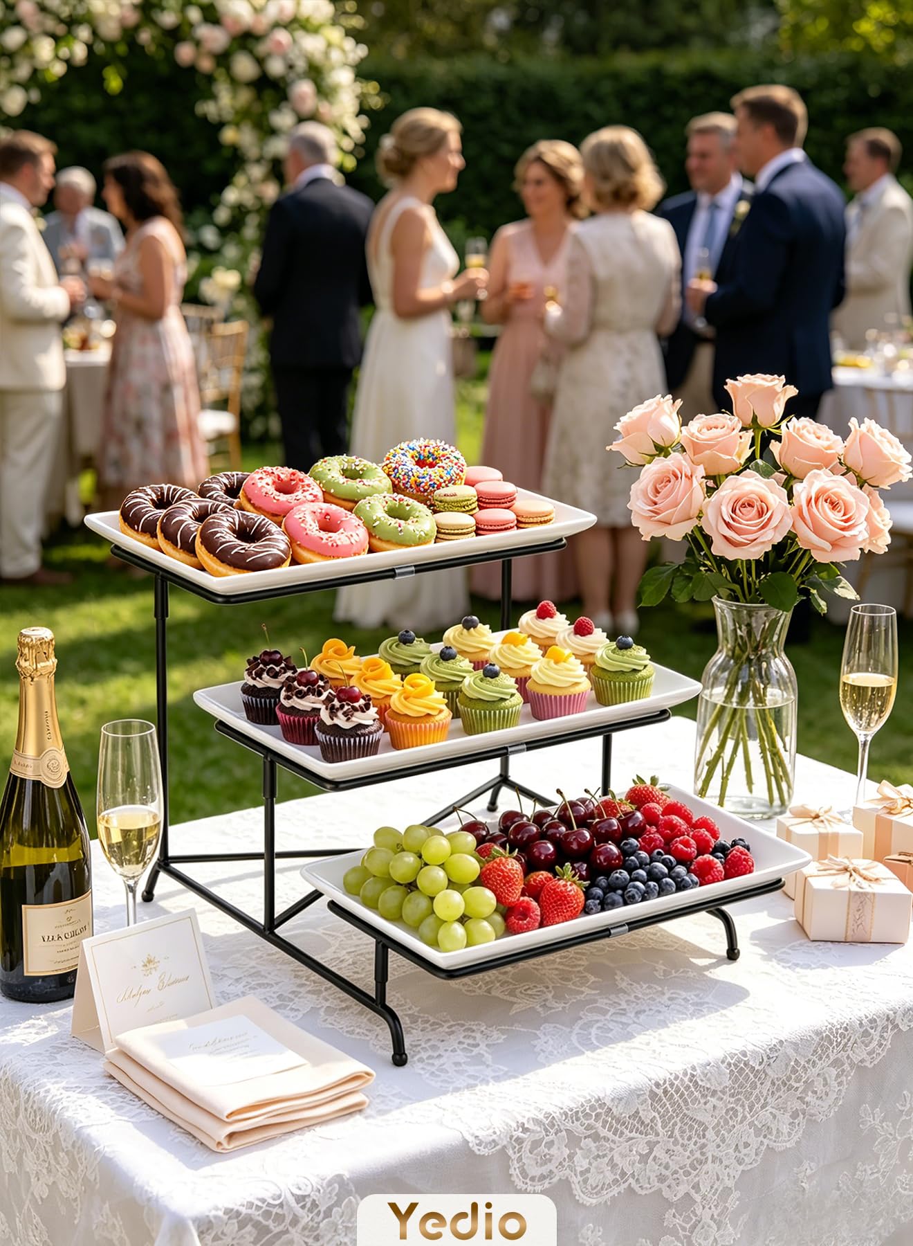 Yedio serving stand in use with pastries demonstrating space-saving presentation