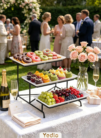 Yedio serving stand in use with pastries demonstrating space-saving presentation