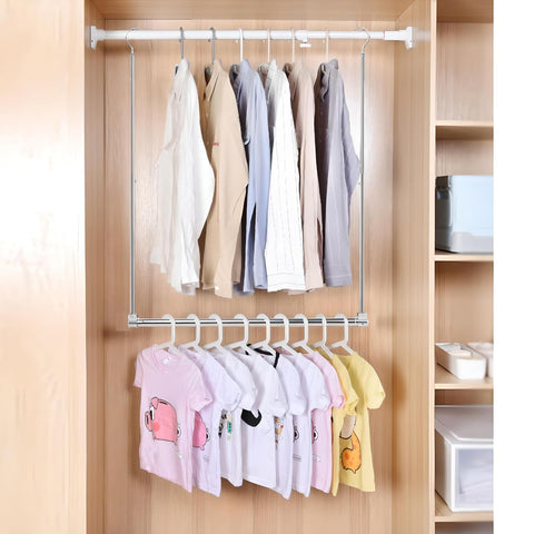 Yeetburg installed in closet as two tiers demonstrating doubled garment storage capacity