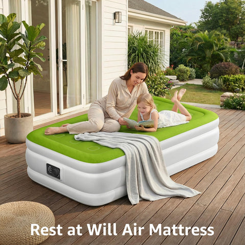 YENING twin air mattress set up at campsite for elevated sleep comfort