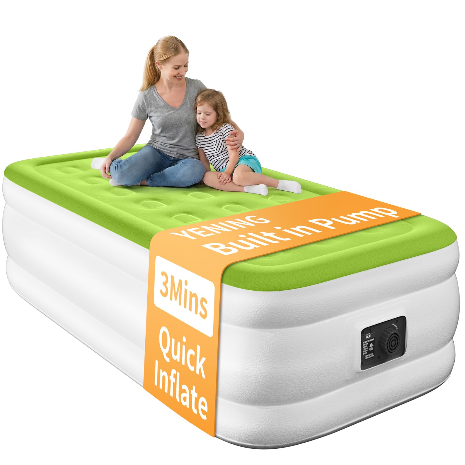 YENING front view showing twin air mattress and packaging for quick setup