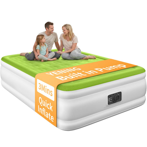 YENING front view of queen air mattress showing full raised profile and bedding benefit