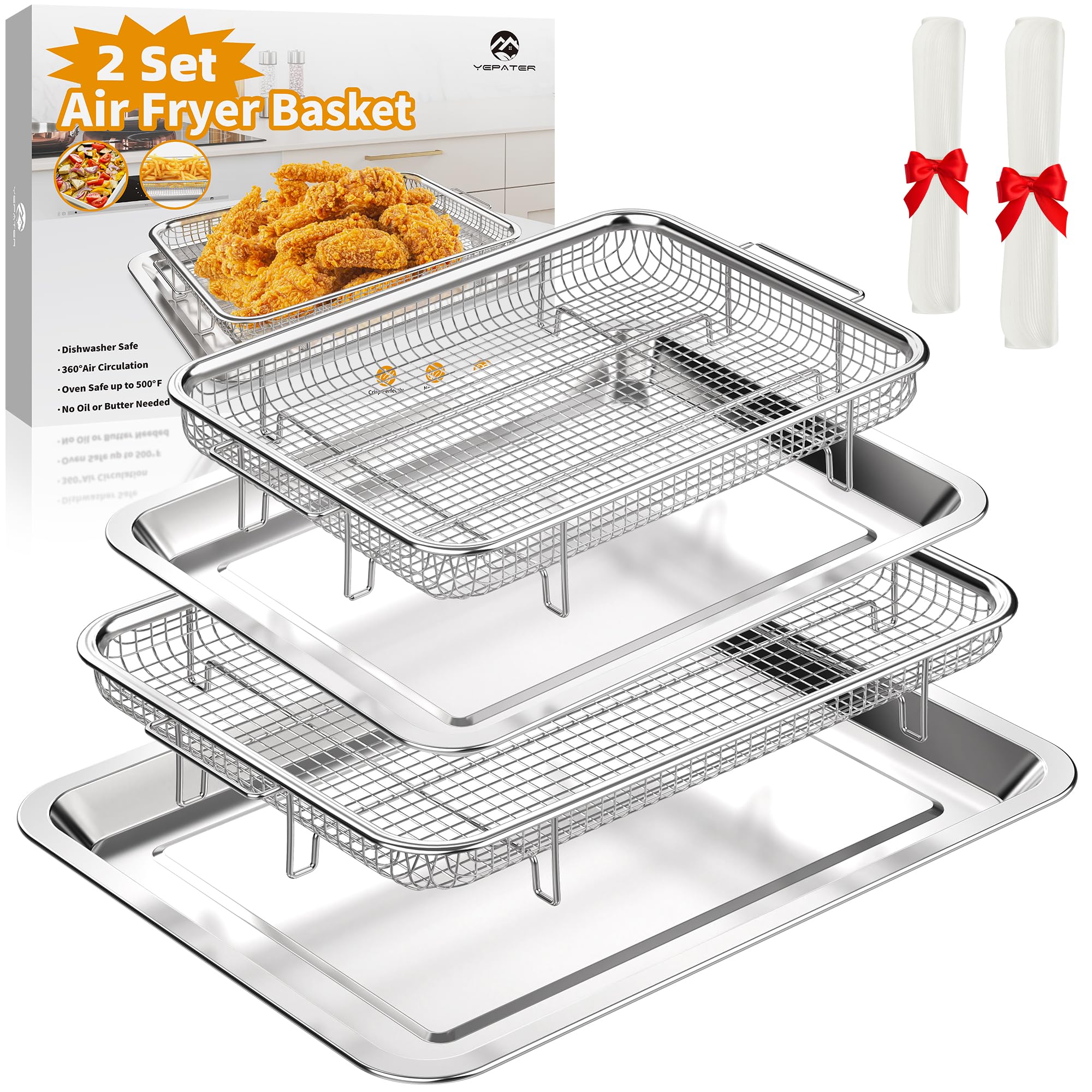 YEPATER front view showing both large and medium baskets and trays for versatile cooking