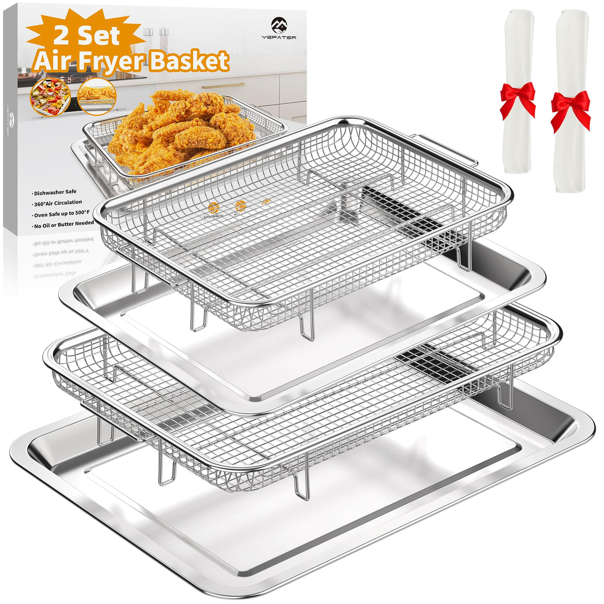 YEPATER front view showing both large and medium baskets and trays for versatile cooking