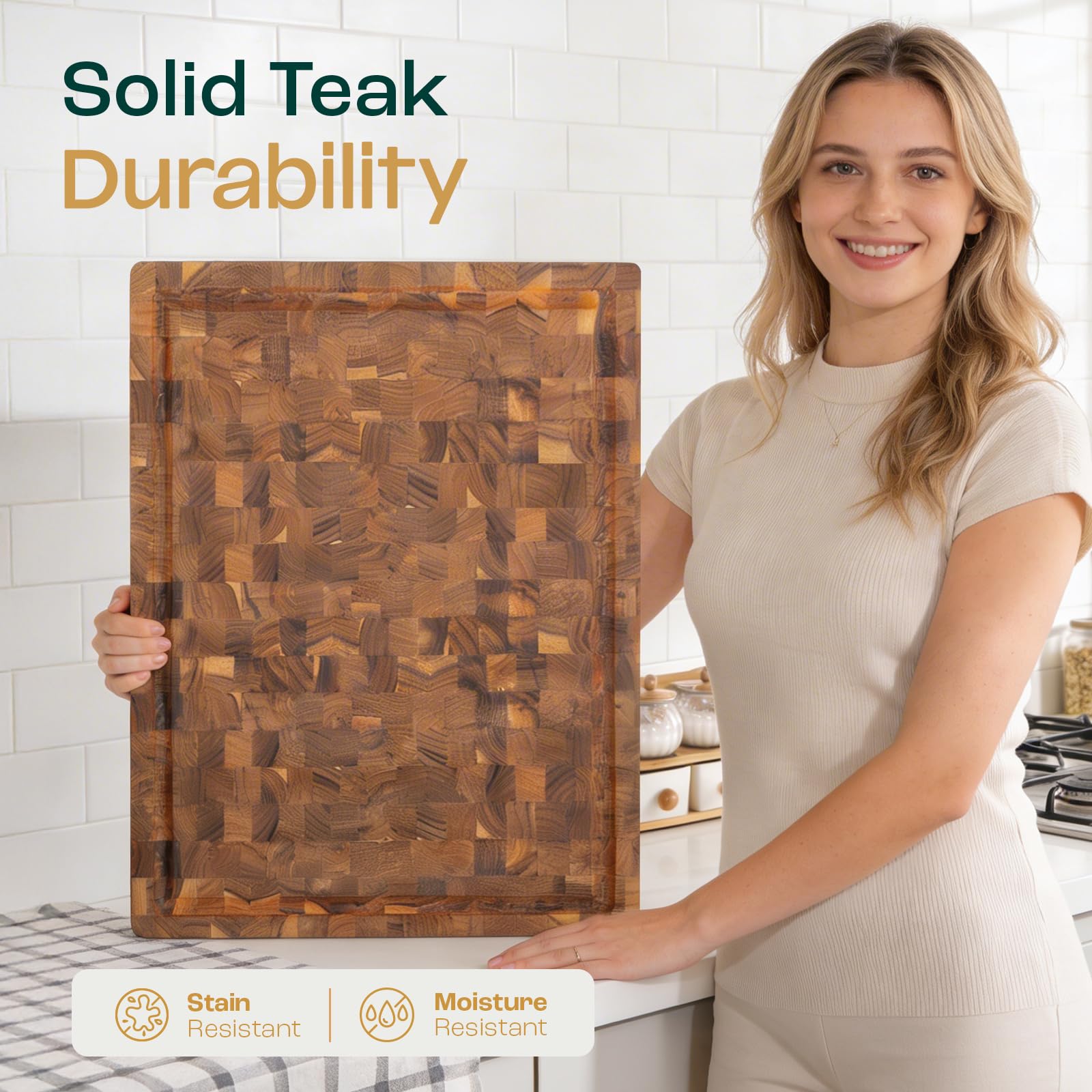 Yes4All teak board styled on kitchen counter enhancing presentation and serving