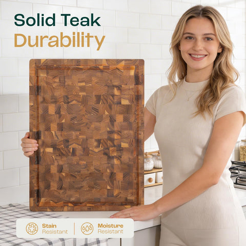 Yes4All teak board styled on kitchen counter enhancing presentation and serving