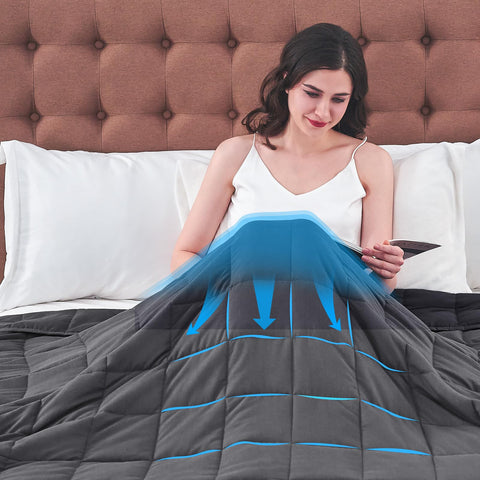 yescool in bedroom lifestyle with person sitting showing comforting weighted sensation benefit