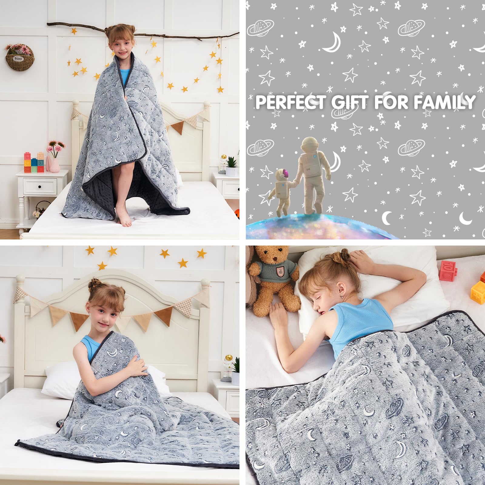 yescool blanket across a child's lap, provides secure gentle weight
