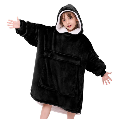 yescool front view of black wearable blanket hoodie showing cozy oversized fit and coverage