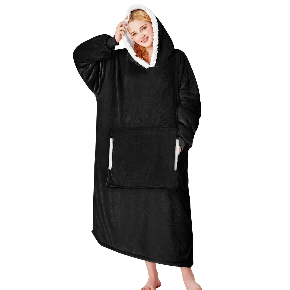 yescool front view hoodie in black showcasing oversized cozy fit and style
