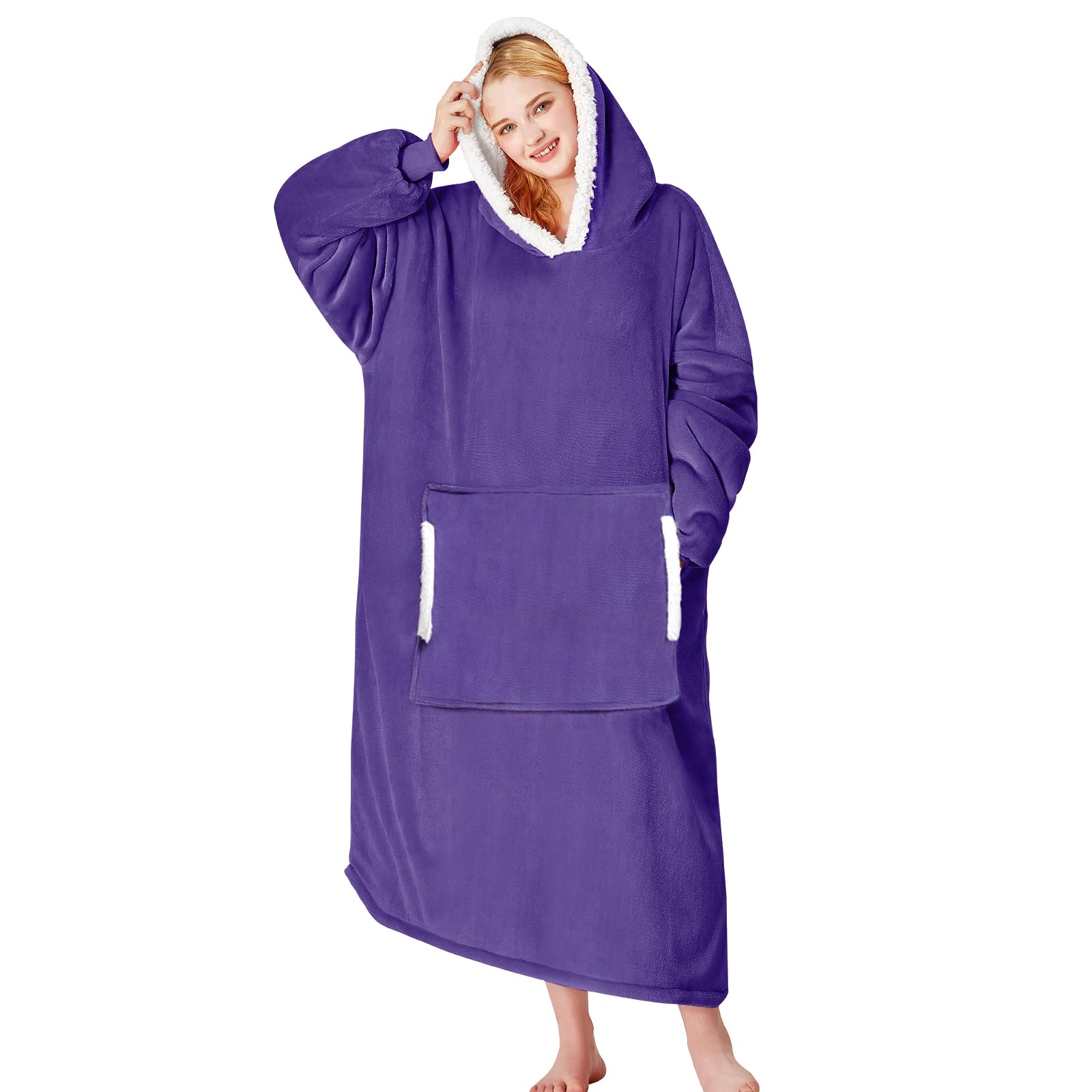yescool front view showing lavender wearable blanket hoodie and roomy fit