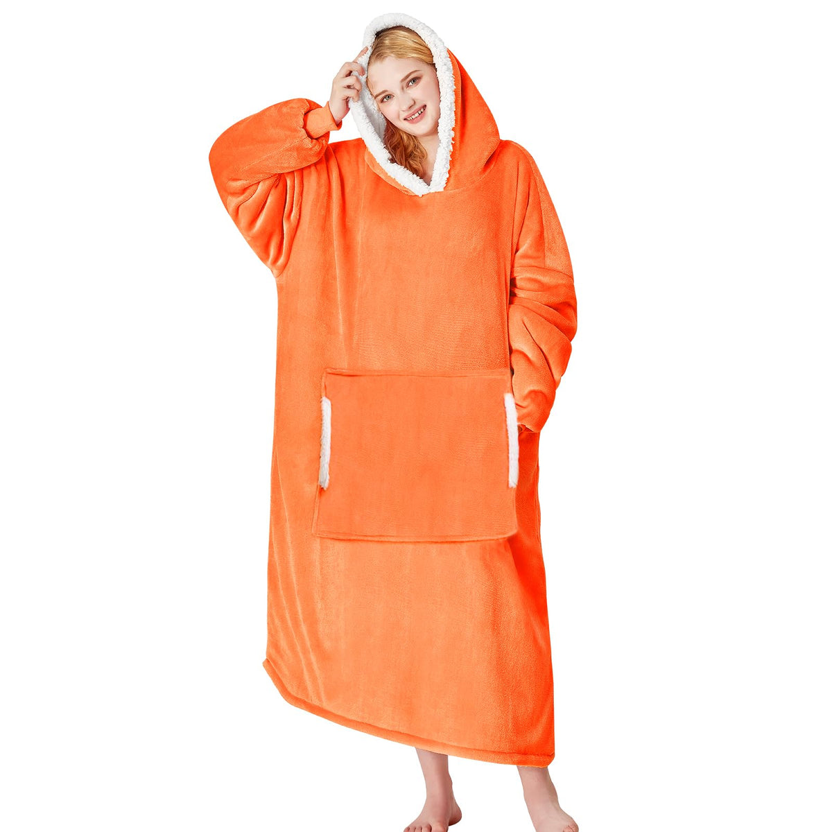 yescool front view of orange wearable blanket hoodie showing full coverage and comfort