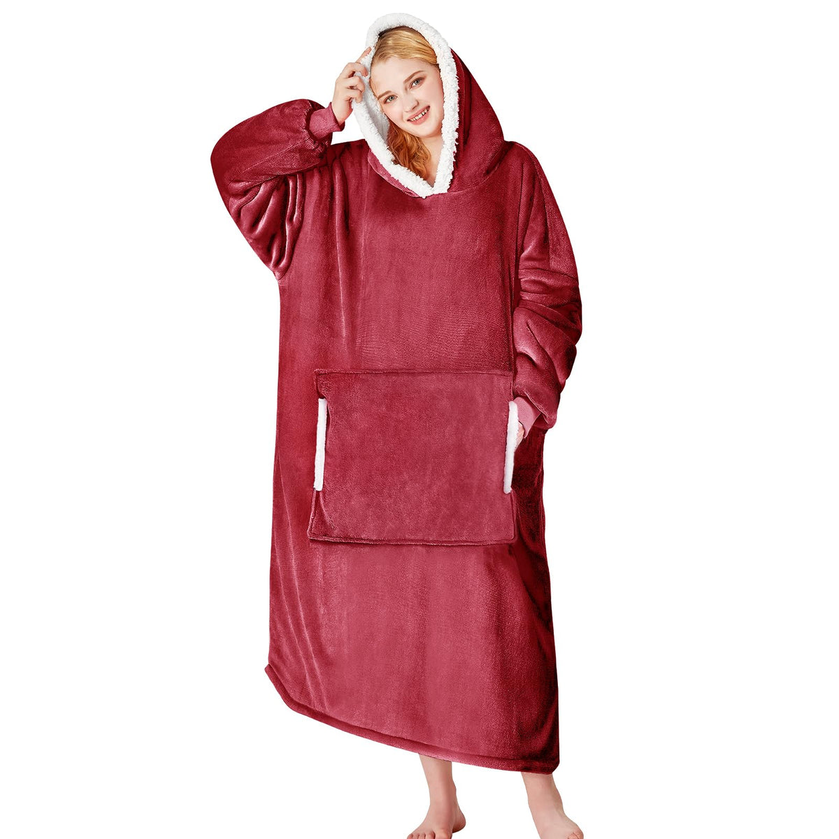 yescool front view of red wearable blanket hoodie showing coverage and shape