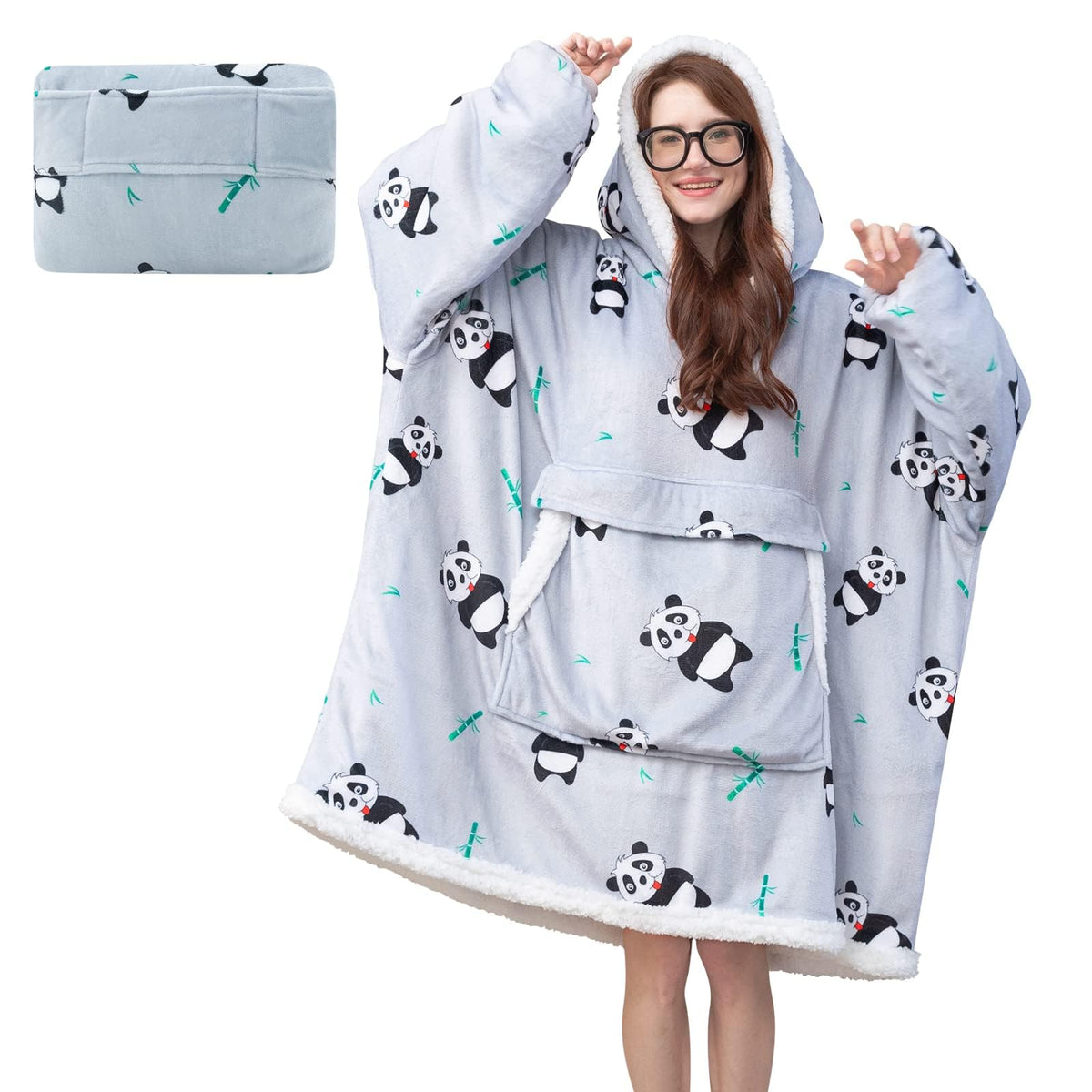 yescool front view of panda grey hooded blanket showing oversized fit and cozy sherpa comfort