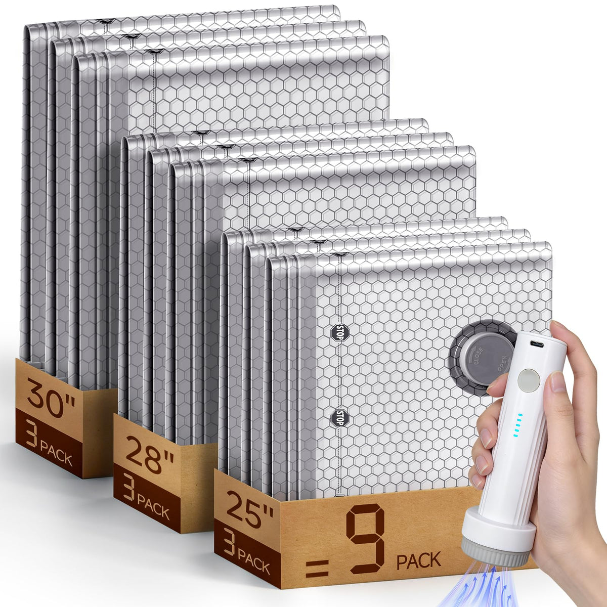 Yesohu front packaging showing the 9-piece vacuum bag set and pump, space-saving benefit