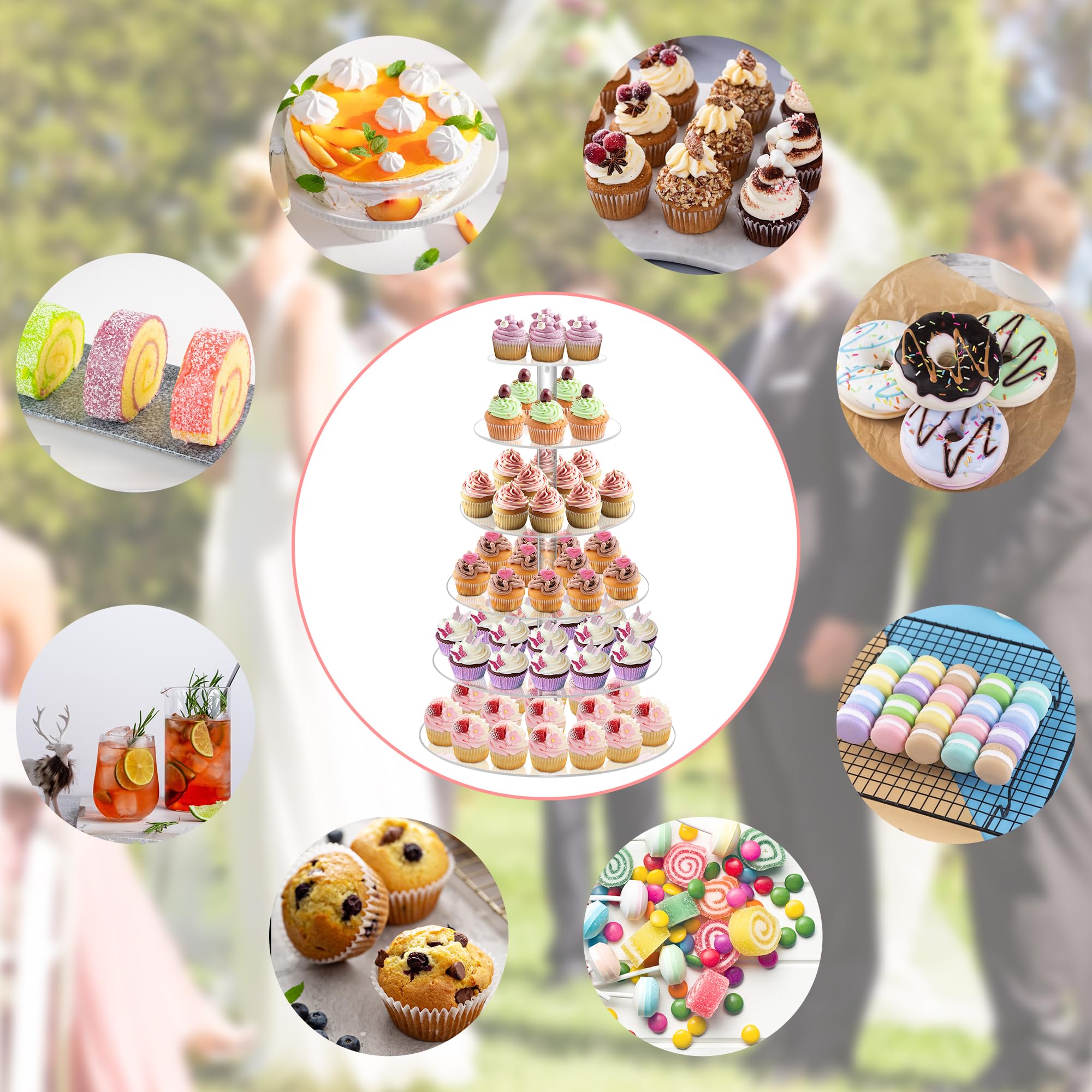 yestbuy on a wedding dessert table showing clear stand blending with decor and centerpiece appeal